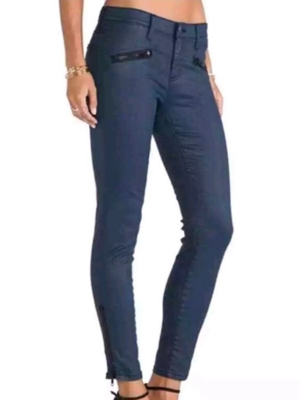 Current Elliott The Soho Zip Stiletto Coated Skinny Ankle Pants Blue Sz 30